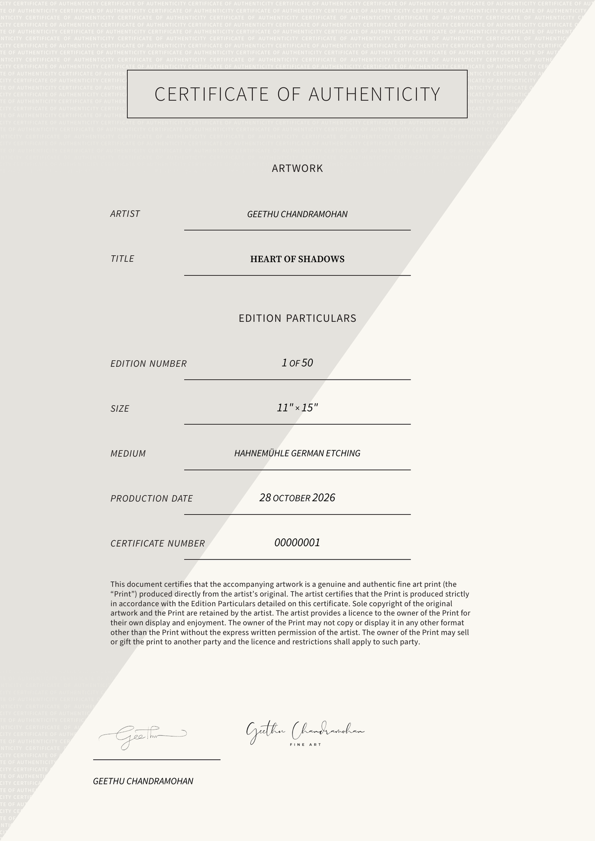 Heart of Shadows — Certificate of Authenticity