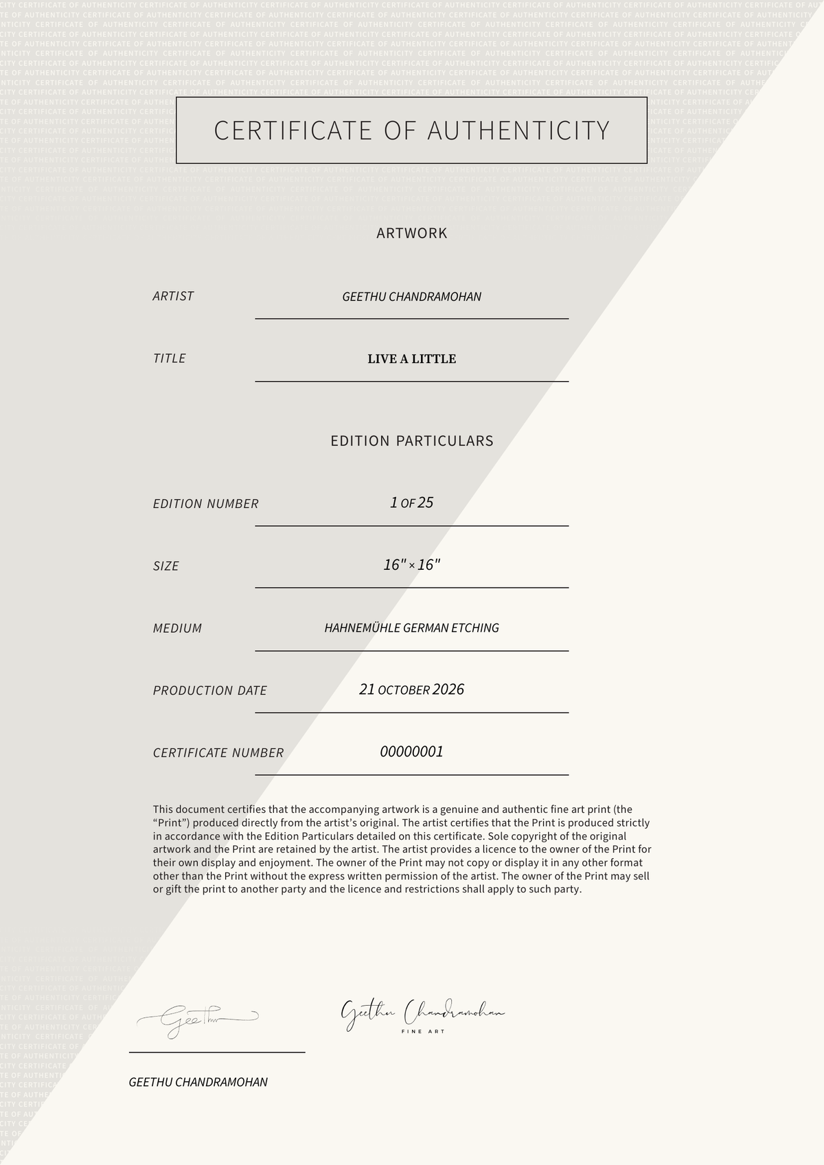 Live A Little — Certificate of Authenticity
