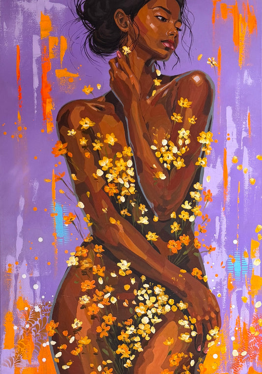 Anthesis, an original mixed media figurative painting of a woman surrounded by expressive florals from the Embodied Collection.