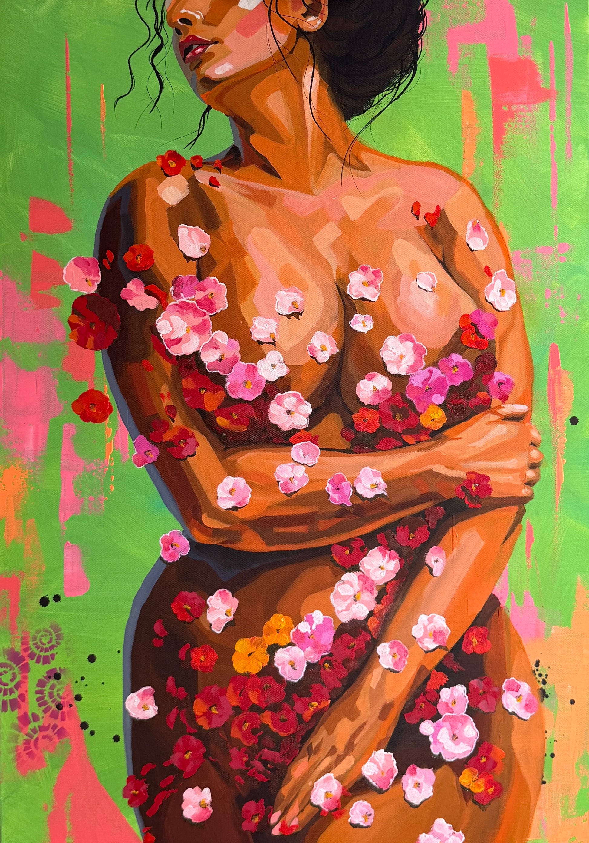 Florescence, an original mixed media figurative painting of a woman surrounded by expressive florals from the Embodied Collection.