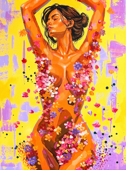 Everbloom, an original mixed media figurative painting of a woman with raised arms surrounded by expressive florals from the Embodied Collection.