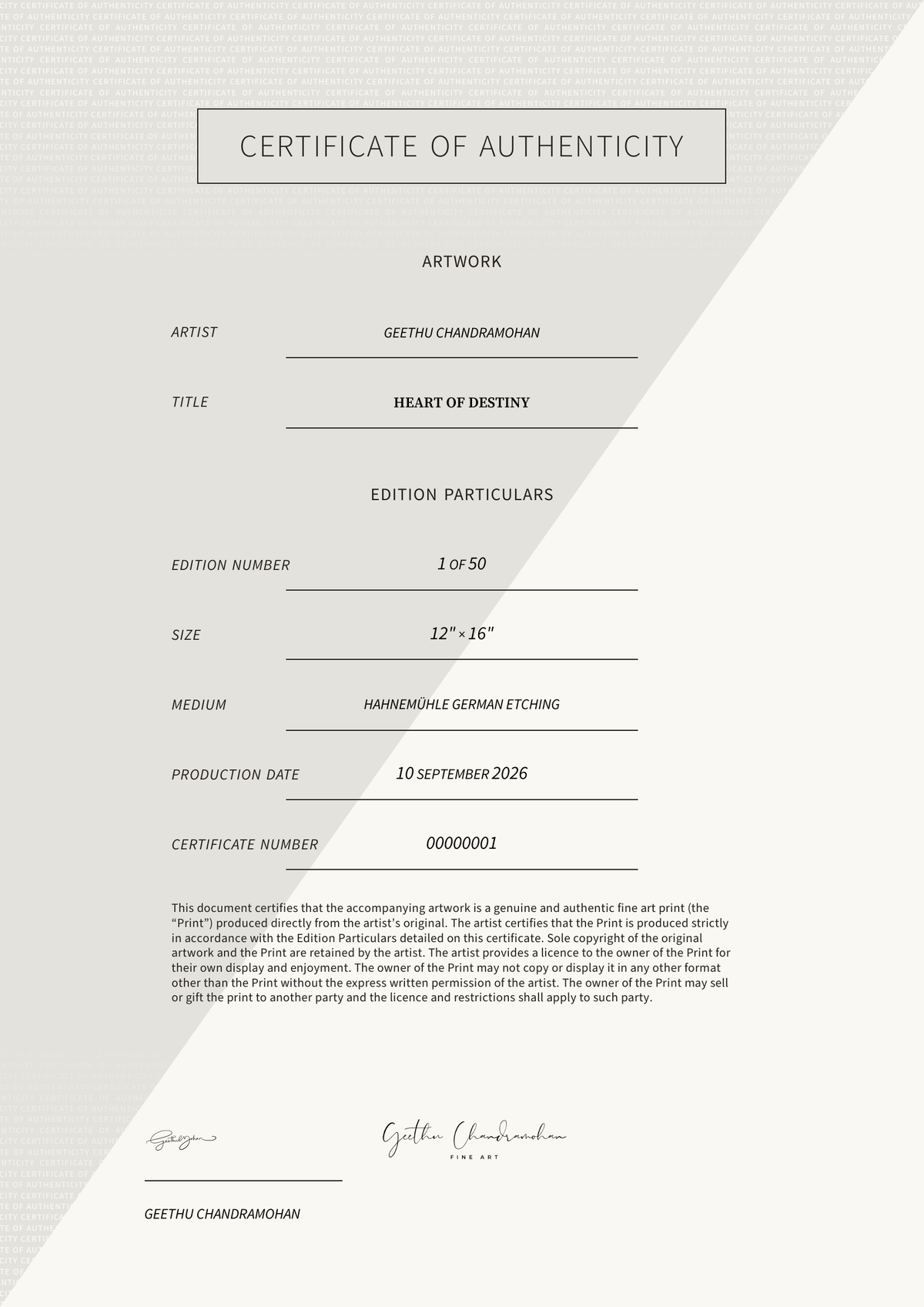 Heart of Destiny — Certificate of Authenticity
